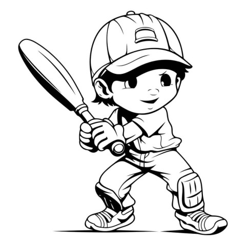 Cute Little Boy Baseball Player - Black and White Cartoon Illust