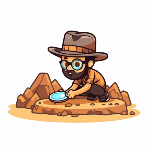 Funny cartoon explorer with a magnifying glass. Vector illustrat