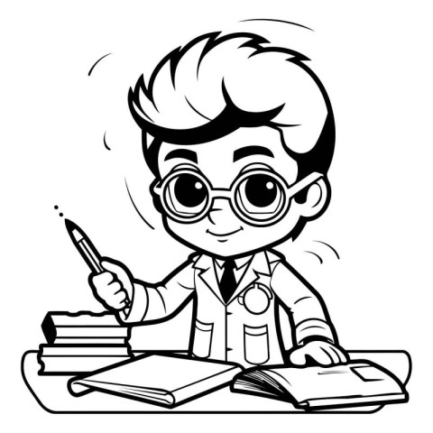 Black and White Cartoon Illustration of Kid Boy Student Studying