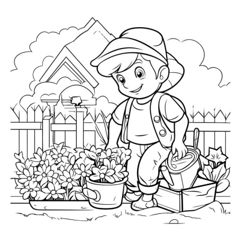 Boy working in the garden. Coloring book for children. Vector il