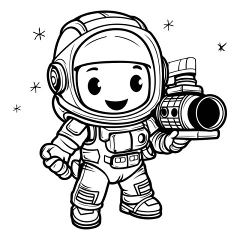 Cute Astronaut with Camera - Black and White Cartoon Illustratio