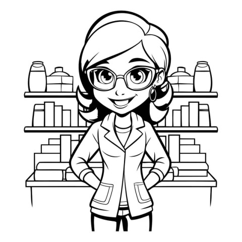 Fashion woman cartoon with glasses in the shop vector illustrati