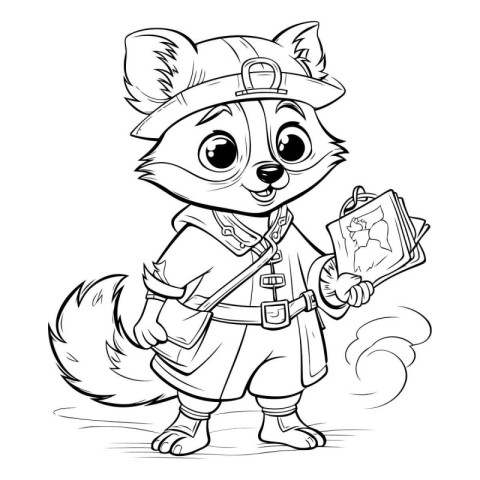 Black and White Cartoon Illustration of Little Fox Scout or Expl