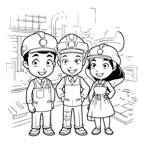 Firefighter and fireman team cartoon in black and white vector i