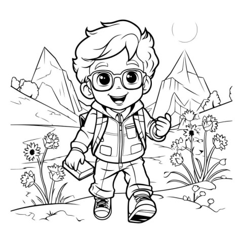 Outdoor cute boy with backpack. Vector illustration for coloring