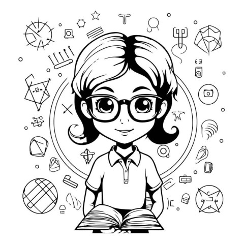 Vector black and white illustration of a girl with glasses readi