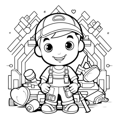 Black and White Cartoon Illustration of Cute Little Boy Builder