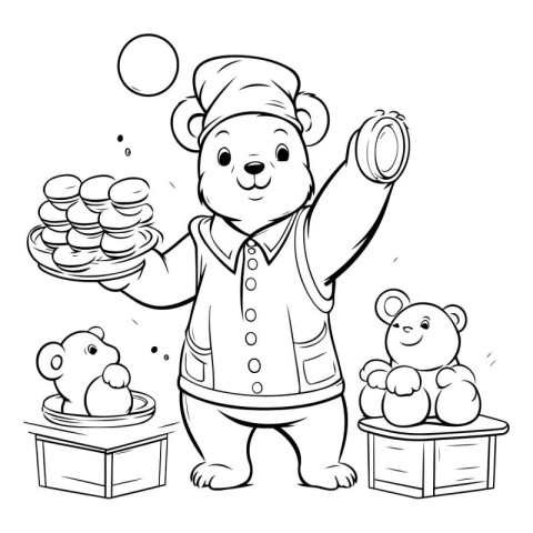 Black and White Cartoon Illustration of Cute Bear Chef with Stac