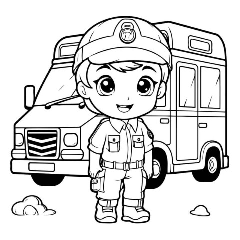 Black and White Cartoon Illustration of Kid Boy in Uniform with