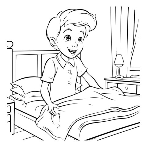 Boy in bed. black and white vector illustration for coloring boo