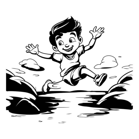 Illustration of a Little Boy Jumping Out of the Water - Black an