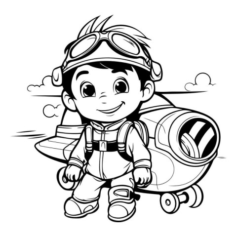 Black and White Cartoon Illustration of Kid Boy Pilot Character