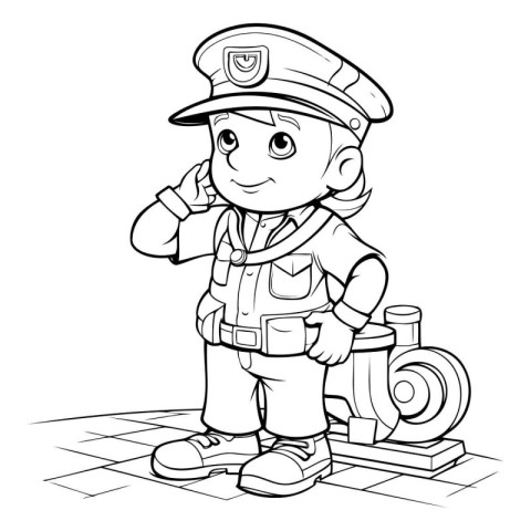 Black and White Cartoon Illustration of Little Fireman or Firema