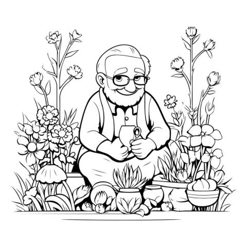 Grandfather gardening. Black and white vector illustration in ca