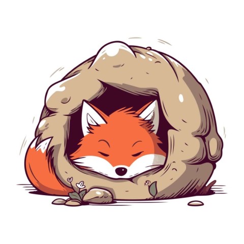 Illustration of a fox in a burrow. Vector illustration.