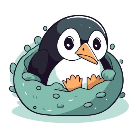 Cute penguin in the nest. Vector illustration. Cartoon style.