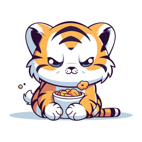 Cute cartoon tiger with a bowl of food. Vector illustration.