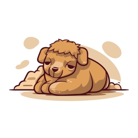 Cute cartoon brown dog lying on the ground. Vector illustration.