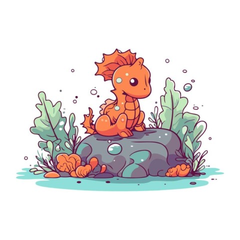 Cute cartoon red seahorse sitting on a rock. Vector illustration