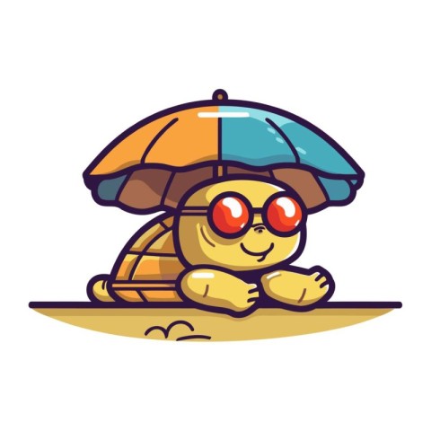 Cute turtle with umbrella on the beach. Vector illustration in c