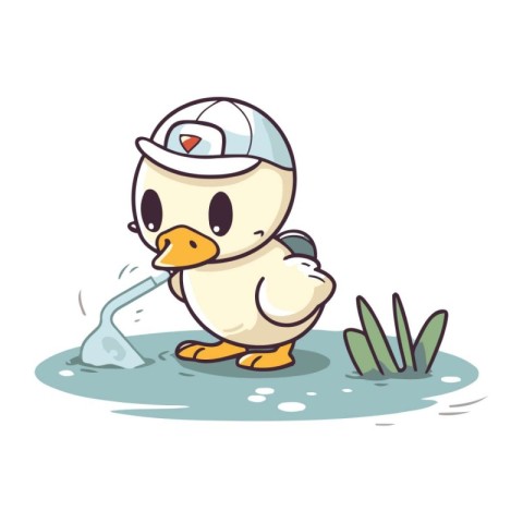 Illustration of a Cute Little Duck Wearing a Cap and Pail