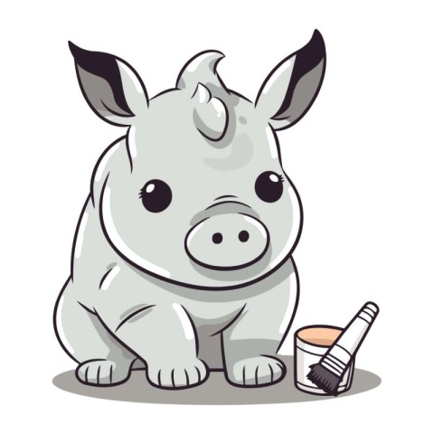 Vector illustration of a cute cartoon rhinoceros with paintbrush