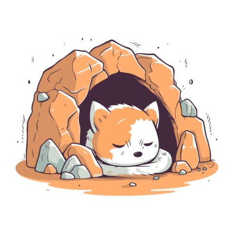 Cute fox sleeping in a cave. Vector hand drawn illustration.