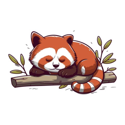 Cute red panda sleeping on a branch. Vector illustration.