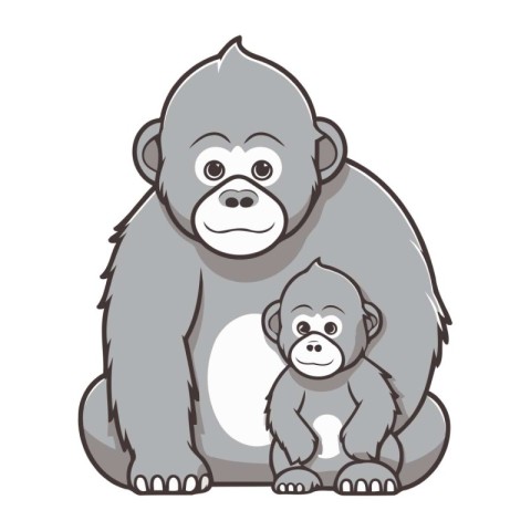 Vector illustration of a gorilla with a baby on a white backgrou