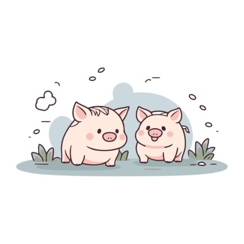 Vector illustration of two cute piggy standing together in the g