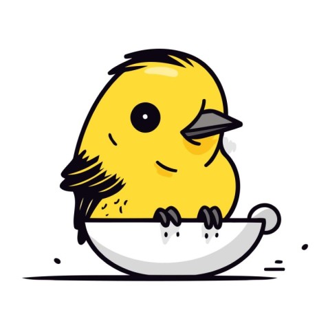 Cute little yellow chick sitting in a bowl. Vector illustration.