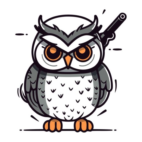 Owl cartoon vector illustration. Cute owl with a gun.