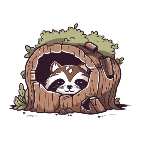 Cute raccoon in a hole in the tree. Vector illustration.