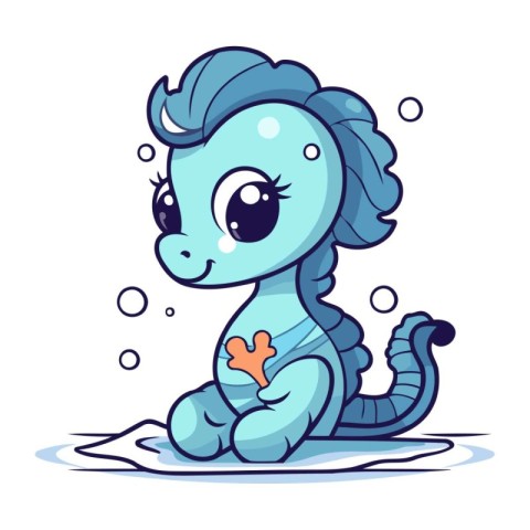 Cute cartoon blue sea horse sitting on the ice. Vector illustrat