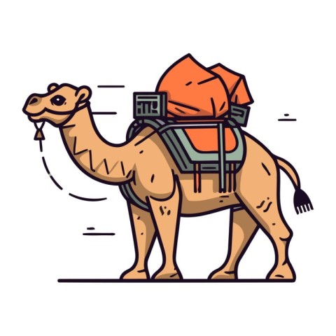 Camel with a backpack. Vector illustration in flat cartoon style