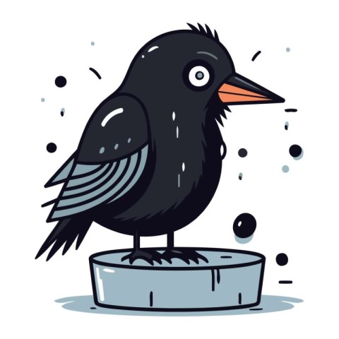 Cute black crow standing on a stump. Vector cartoon illustration