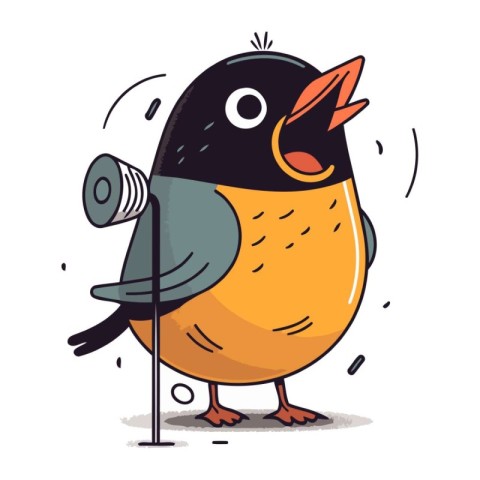 Vector illustration of a cute cartoon penguin singing with a mic