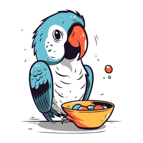 Parrot with bowl of eggs. Vector illustration in cartoon style.