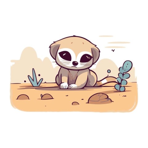 Cute baby meerkat sitting on the ground. Vector illustration.