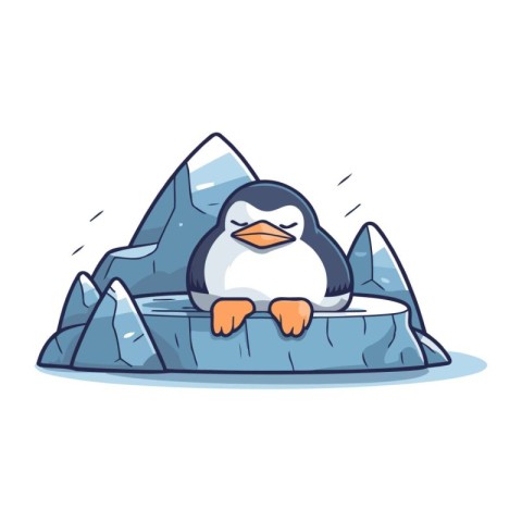 Cute penguin sitting on ice floe cartoon vector illustration.