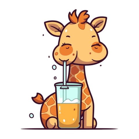 Cute giraffe drinking juice from glass. Vector cartoon illustrat