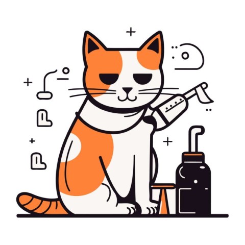 Cat with a gun in his hand. Vector illustration in line style.