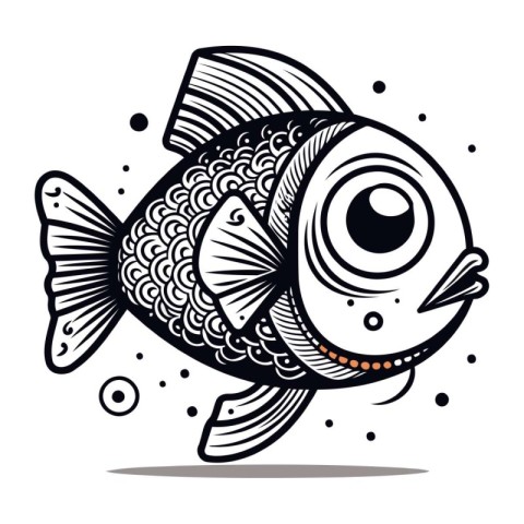 Fish doodle. Black and white vector illustration. Isolated on wh