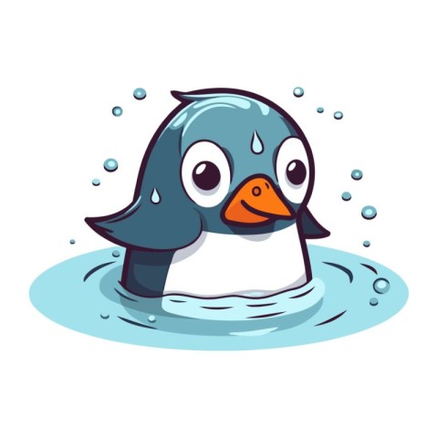 Cute cartoon penguin swimming in the water. Vector illustration.