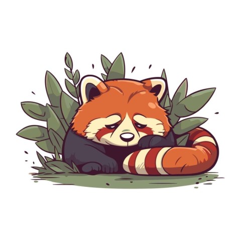 Cute red panda lying on the grass. Cartoon vector illustration.