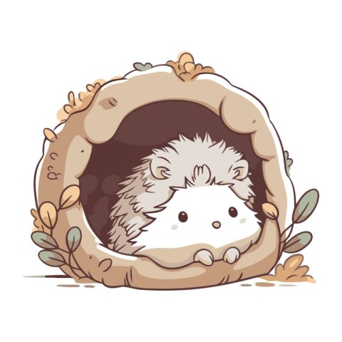 Cute cartoon hedgehog in a doghouse. Vector illustration.