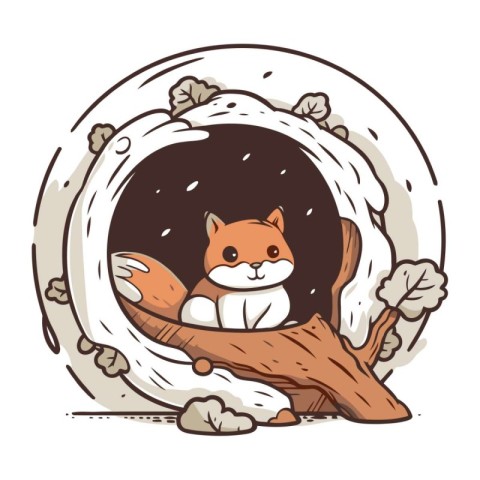 Cute fox in a hole. Vector illustration of a cartoon fox.