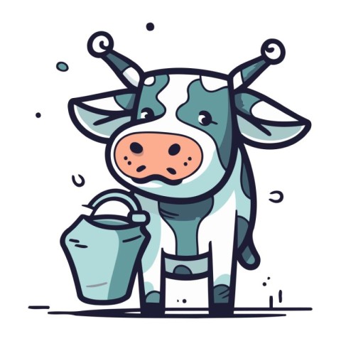 Cute cartoon cow with bucket and watering can. Vector illustrati