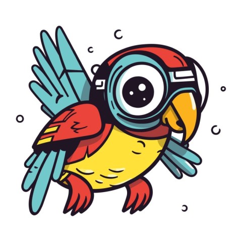 Cute cartoon parrot with helmet and goggles. Vector illustration