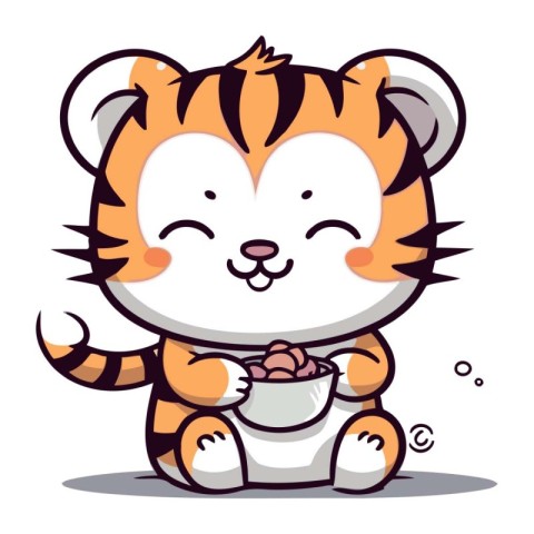 Cute tiger holding a cup of hot milk. Vector illustration.